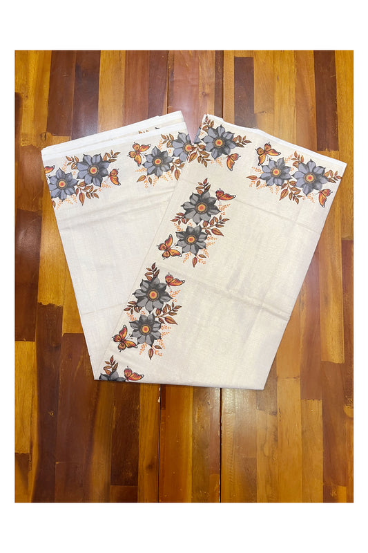 Kerala Tissue Saree with Grey Floral Block Prints On Border