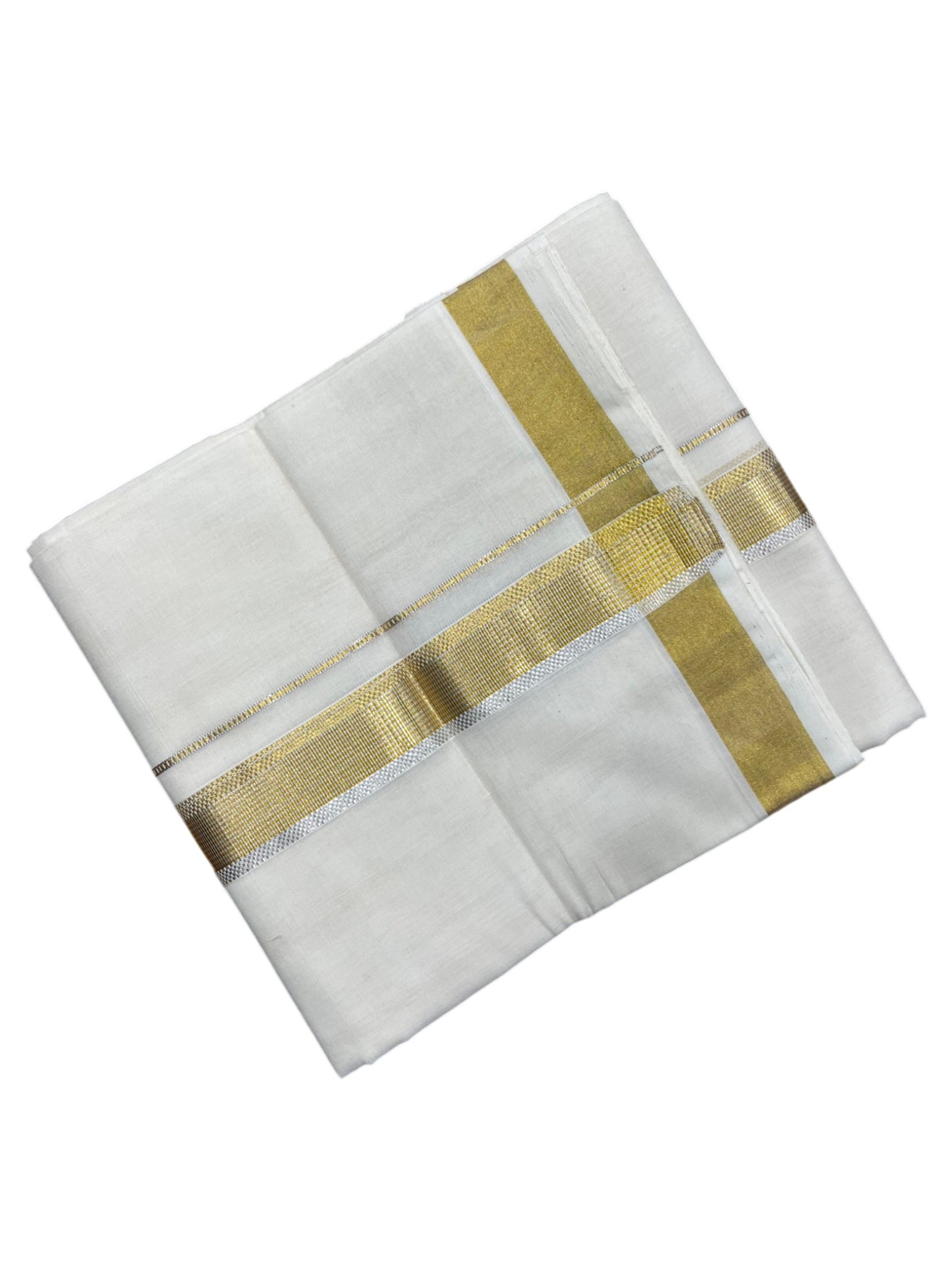 Southloom Premium Handloom Cotton Double Mundu with Gold and Silver Kasavu Border