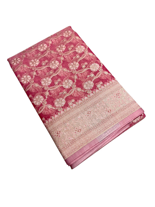 Southloom Cotton Banarasi Silk Saree with Woven Work on Body and Borders (Pink)