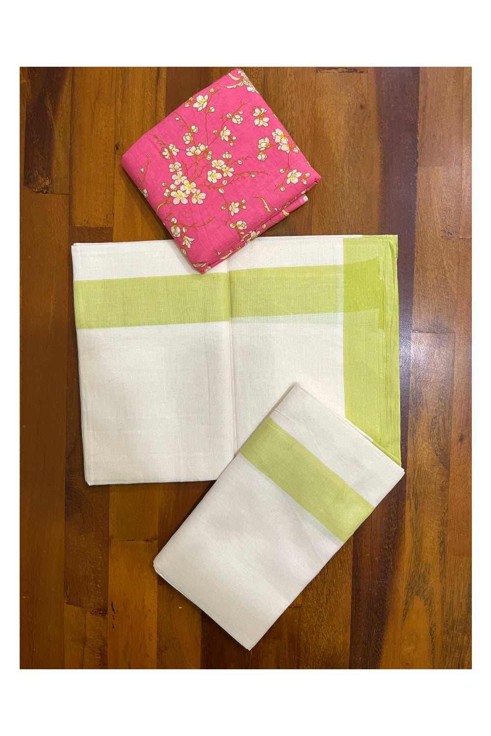 Southloom Mulloth Soft Cotton Light Green Border Set Mundu with Jaipur Printed Blouse Piece (2.60 M Neriyathu / Blouse 1 Meter)