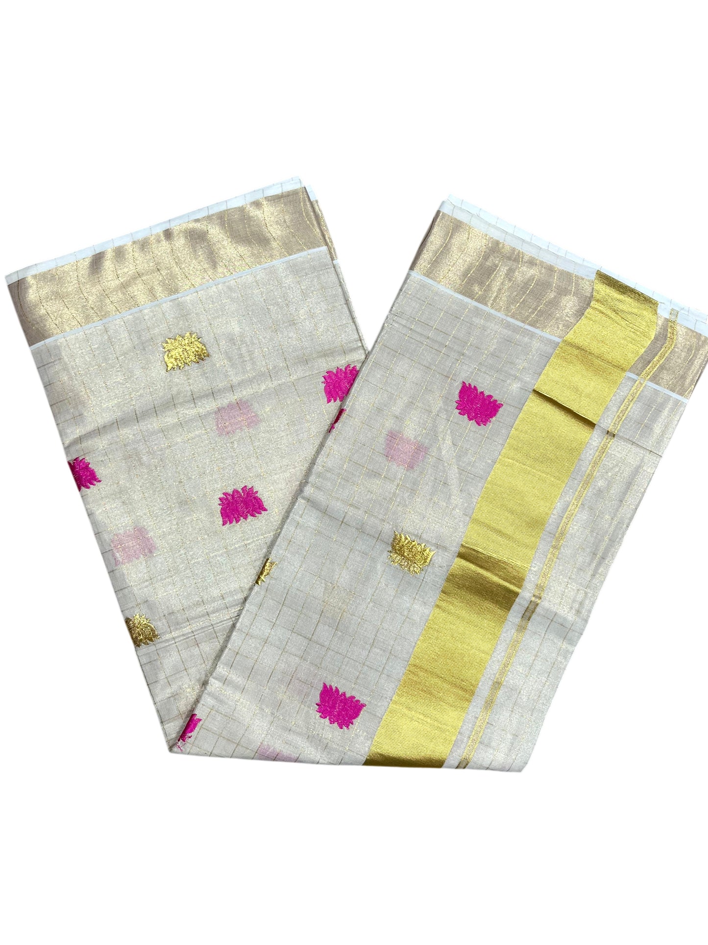 Southloom Kerala Tissue Kasavu Check Saree with Pink Lotus Embroidery Works SL524