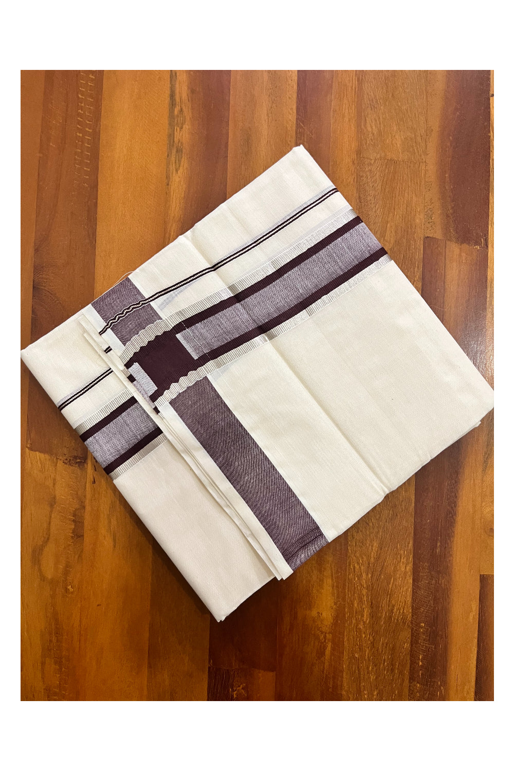 Kerala Cotton Off White Double Mundu with Silver Kasavu and Brown Border (South Indian Kerala Dhoti)