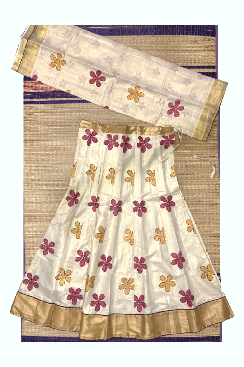 Southloom Semi Stitched Premium Tissue Dhavani Set with Floral Sequence Designs on Body and Purple Piping Works