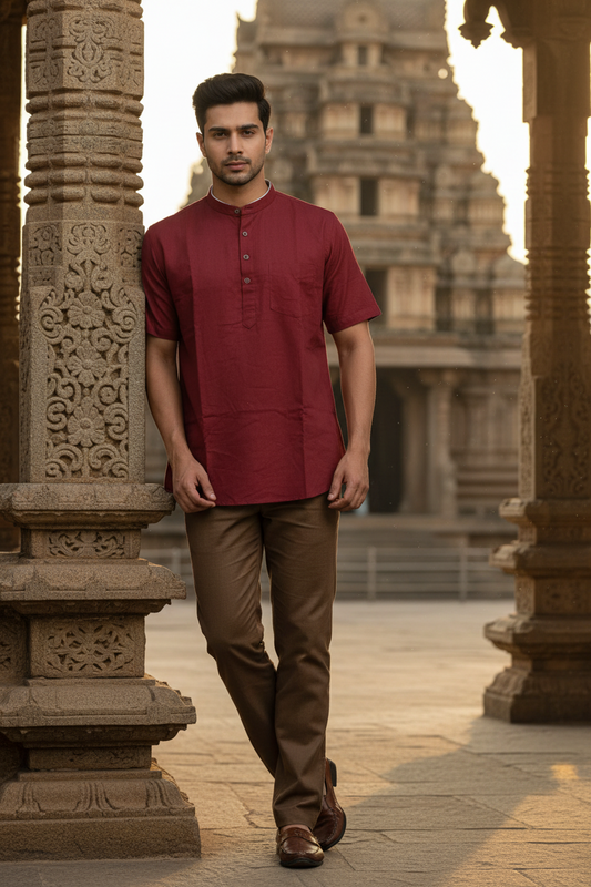 Southloom Maroon Short Cotton Kurta Shirt for Men