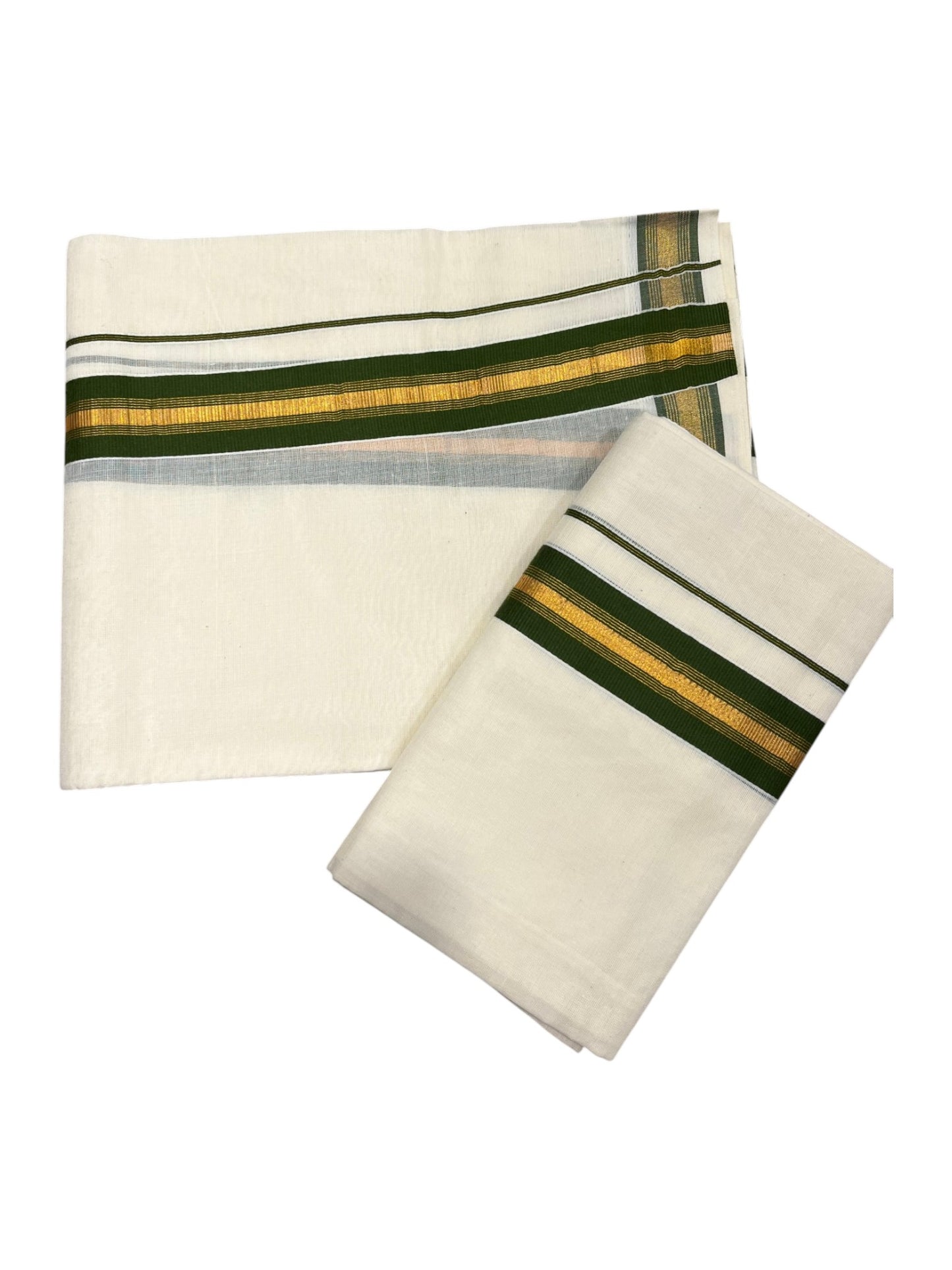 Southloom Kerala Cotton Single Set Mundu (Mundum Neriyathum) with Kasavu and Olive Green Border