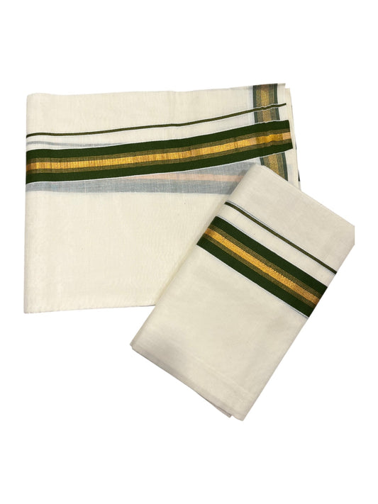 Southloom Kerala Cotton Single Set Mundu (Mundum Neriyathum) with Kasavu and Olive Green Border