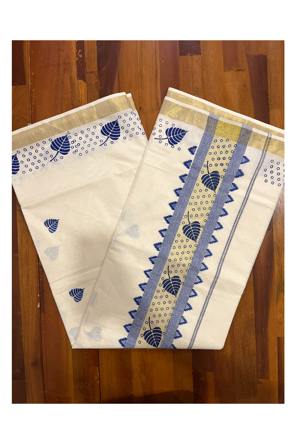 Kerala Cotton Saree with Blue Block Prints on Kasavu Border