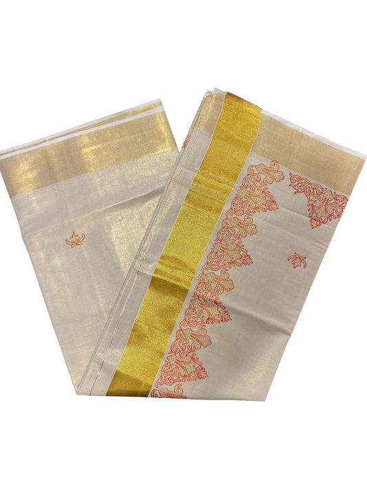Southloom Kerala Tissue Kasavu Plain Saree with Red Embroidery Works