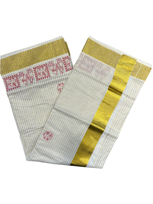 Kerala Cotton  Kasavu Saree With Mural Festival Parasol Stripes and Red Elephant Design And Embroidery Work