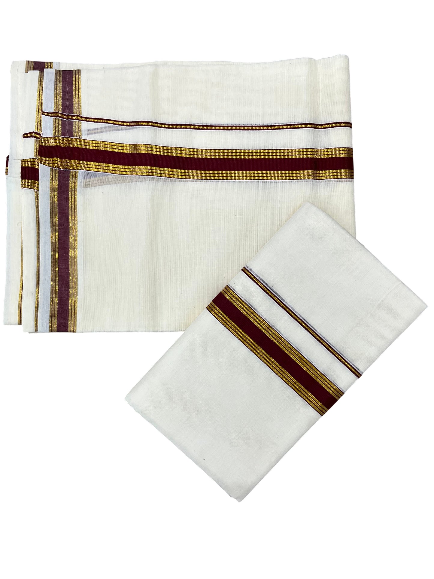 Southloom Pure Cotton Kerala Single Set Mundu (Mundum Neriyathum) with Maroon Kasavu Border in 2.80 Mtrs
