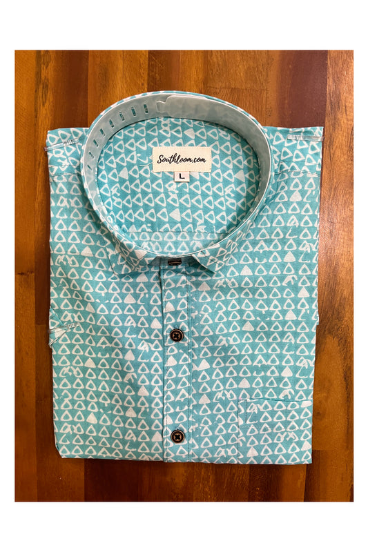 Southloom Jaipur Cotton Hand Block Printed Blue and white  Shirt (Half Sleeves)