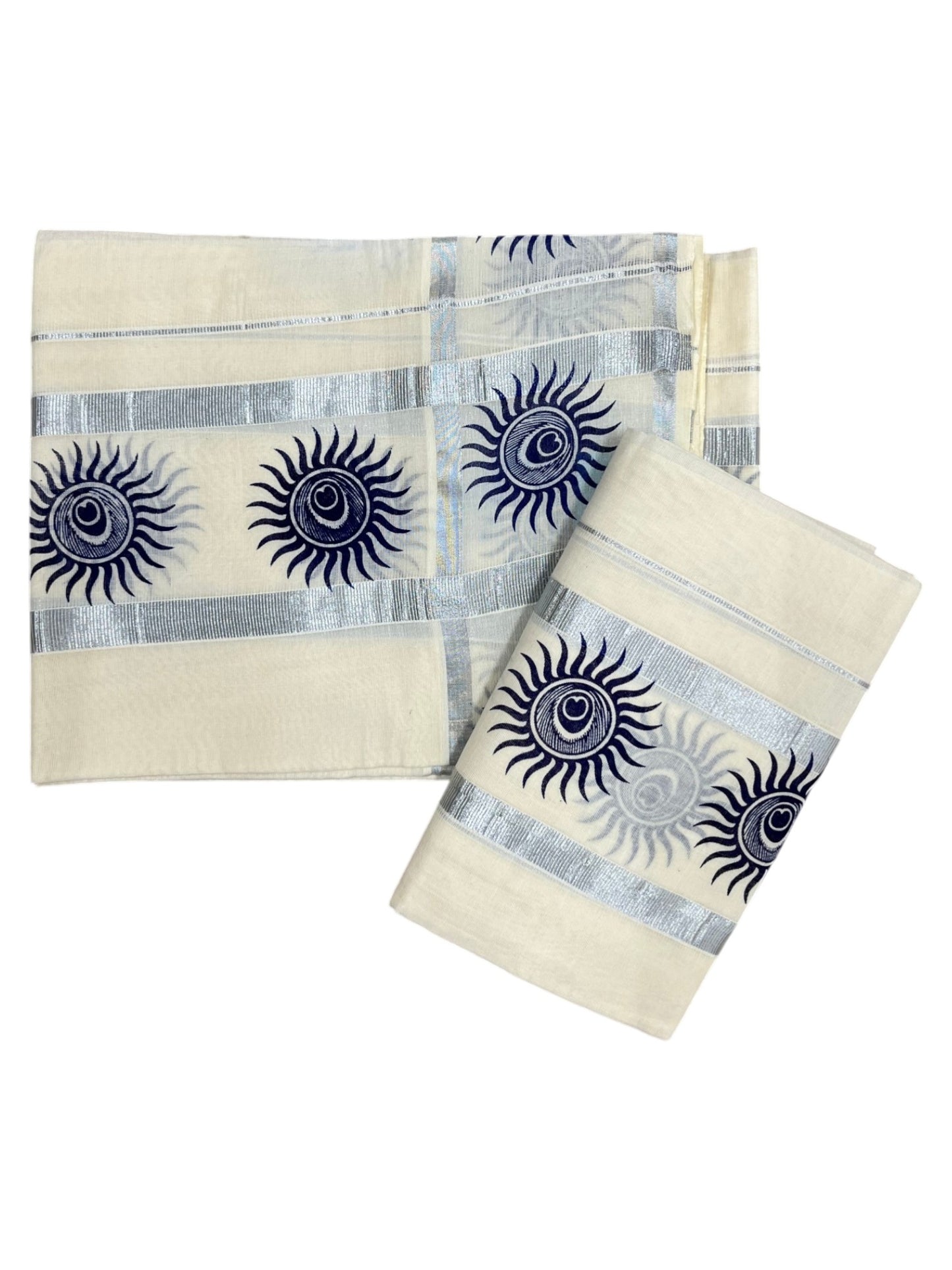 Southloom Cotton Single Set Mundu (Mundu Neriyathum) With Digital Print And Silver Border Kasavu in 2.80 Mtrs