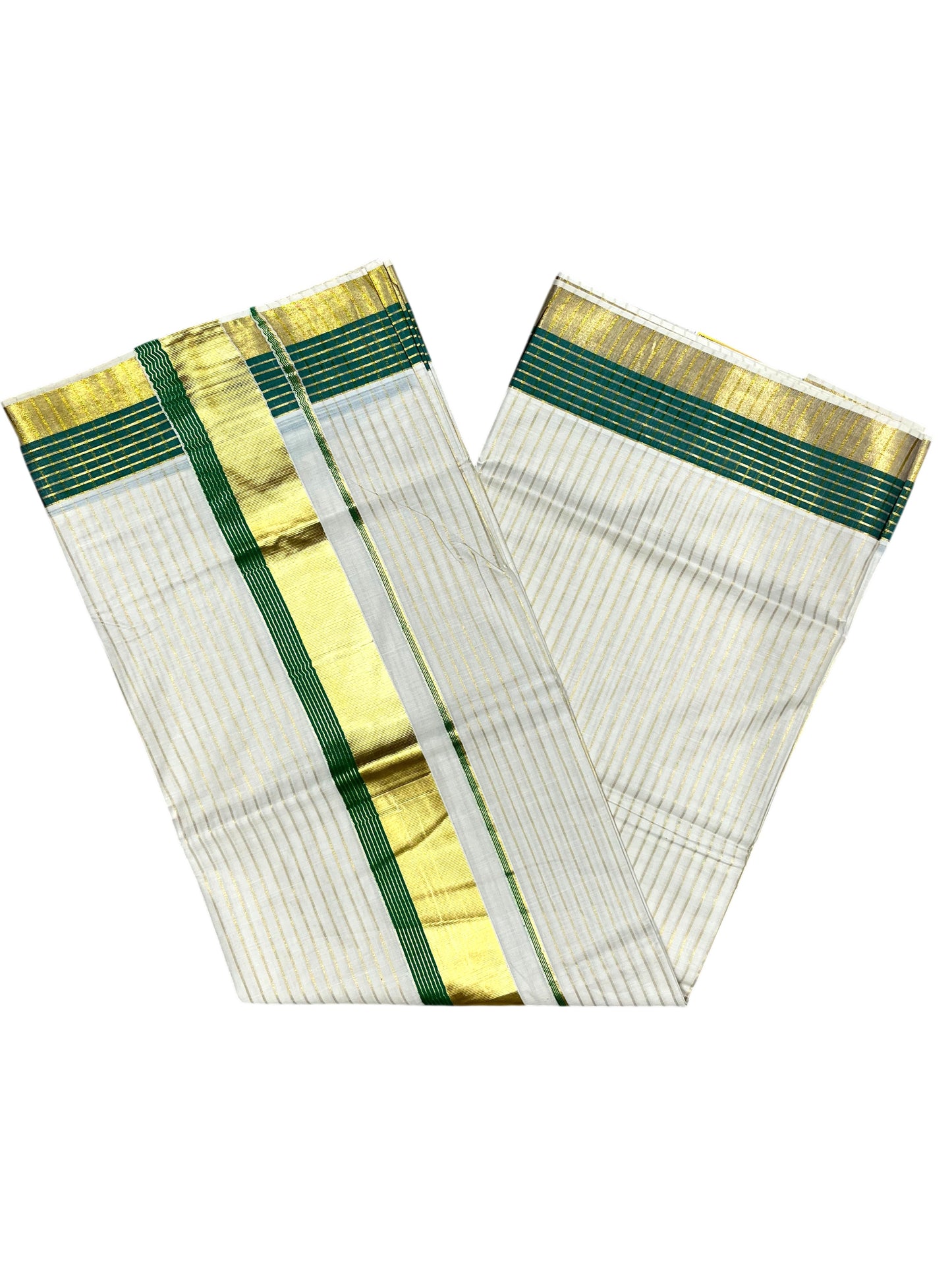 Southloom Pure Cotton Kerala Kasavu Lines Design Saree with Green Border