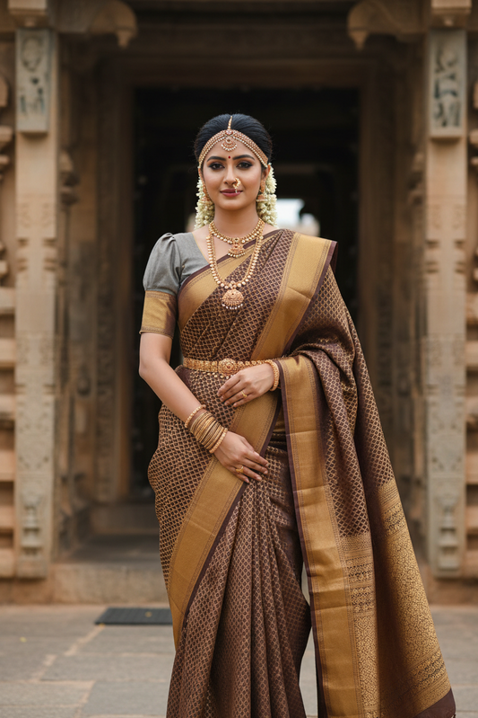 Southloom Brocade Silk Bridal Saree WIth Woven Borders And Blouse Piece