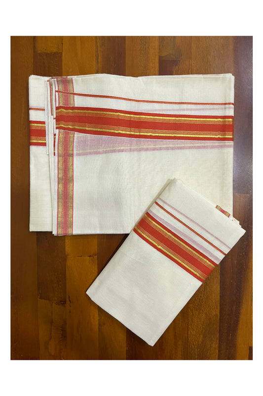 Kerala Cotton Set Mundu (Mundum Neriyathum) with Orange and Kasavu Border 2.80 Mtrs SLKK SL470
