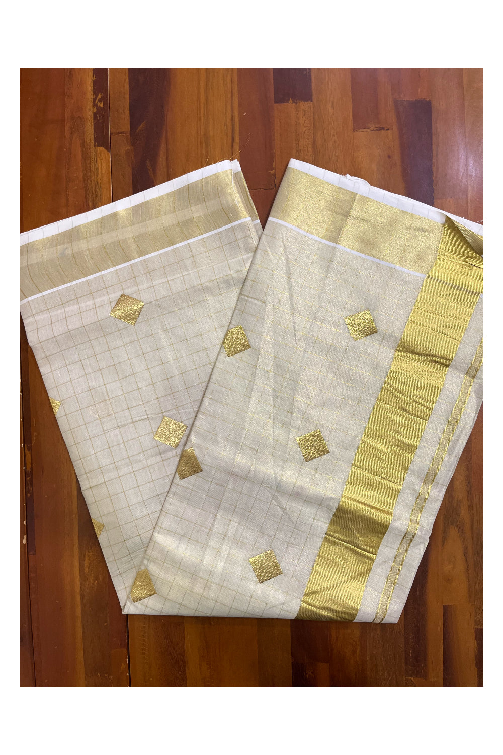 Kerala Tissue Kasavu Checked Saree with Diagonal Woven Designs on Body and Pallu