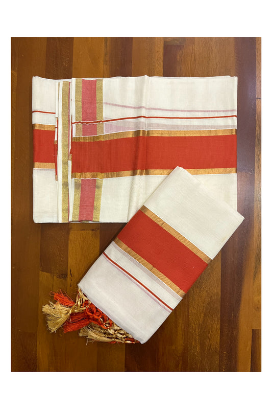 Cotton Kerala Set Mundu (Mundum Neriyathum) with Orange and Kasavu Border and Tassels