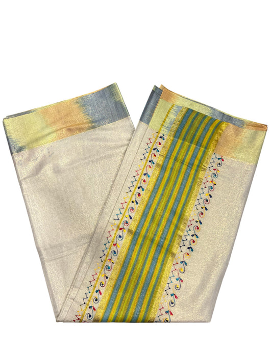 Southloom Kerala Tissue Kasavu Saree with Multi Colour Pochampally Design on Borders and Kara