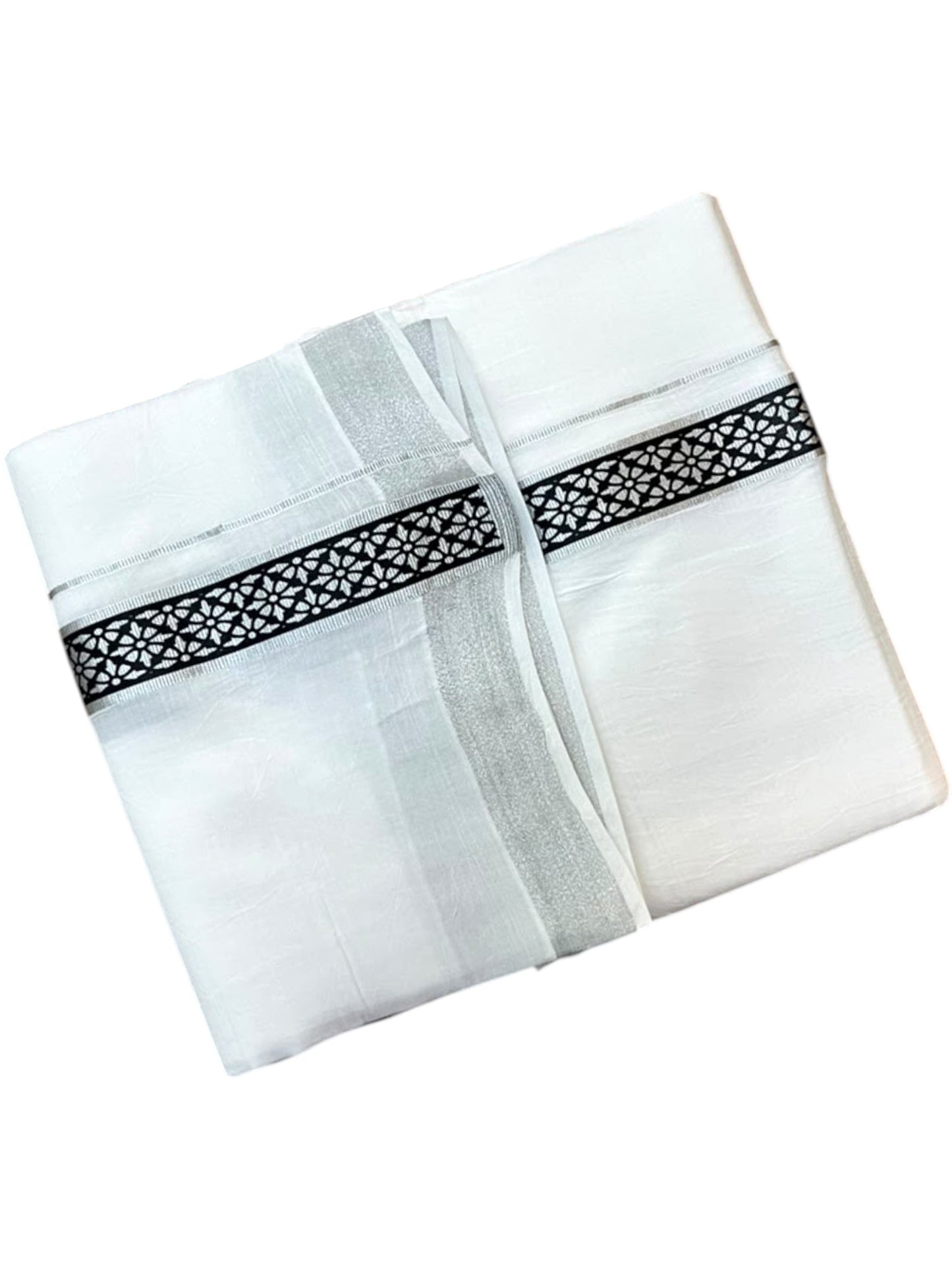 Southloom Pure White Cotton Mundu with Black and Silver Kasavu Border (South Indian Kerala Dhoti)