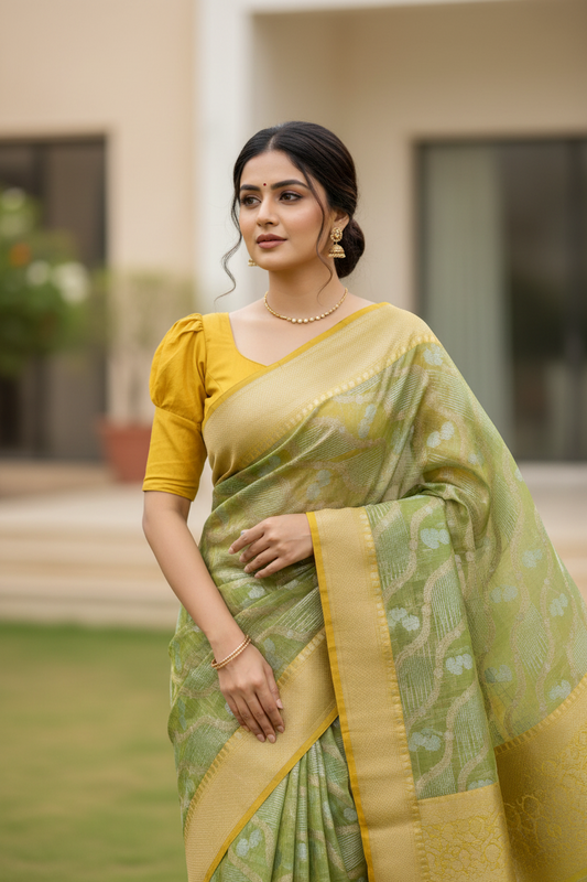 Southloom Tissue Banarasi Silk Saree with Woven Work on Body and Borders (Green)