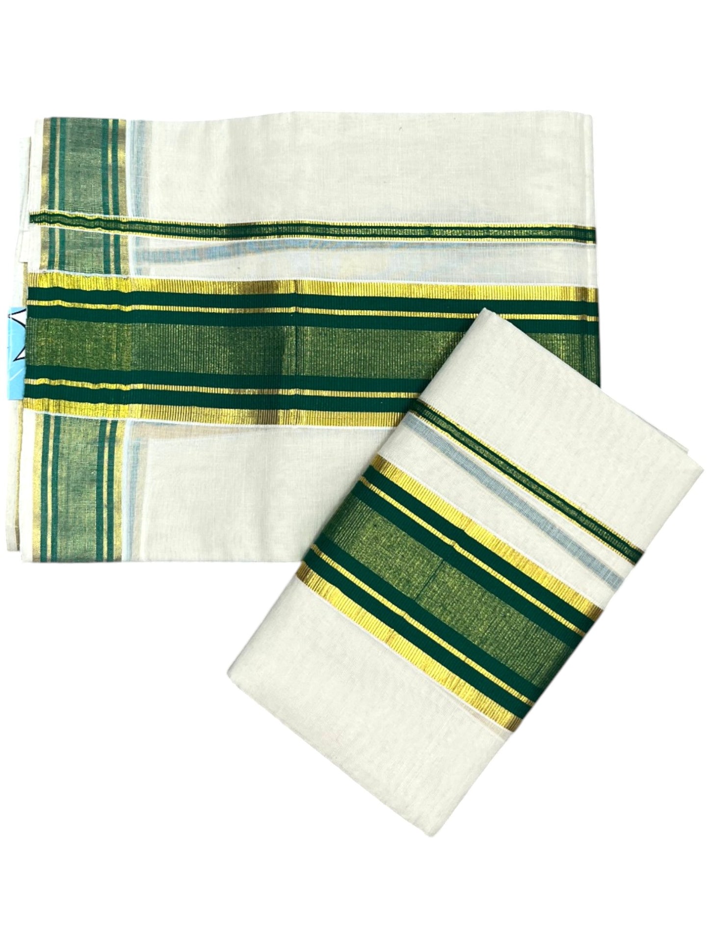 Southloom Kerala Cotton Kasavu Single Set Mundu (Mundum Neriyathum) with Green Kasavu Border SLKK