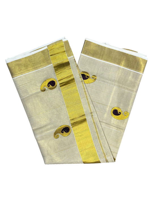 Southloom Kerala Tissue Kasavu Saree with Purple Embroidery Design