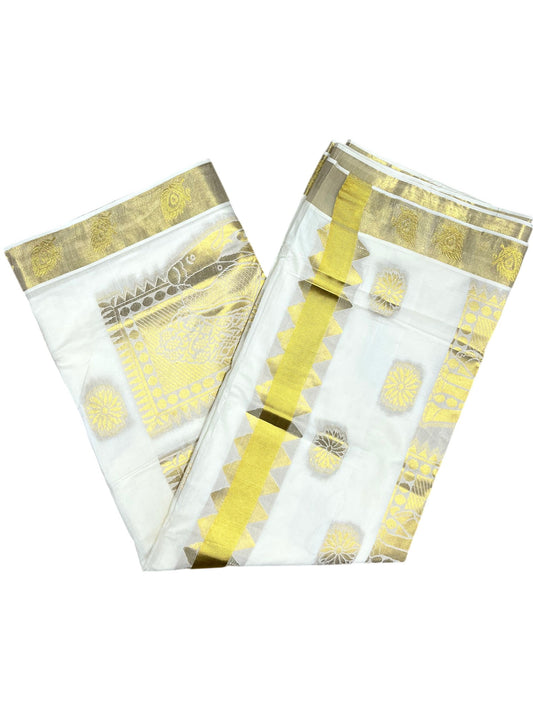 Southloom Kerala Pure Cotton Saree with Floral & Peacock Feather Woven Work on Body