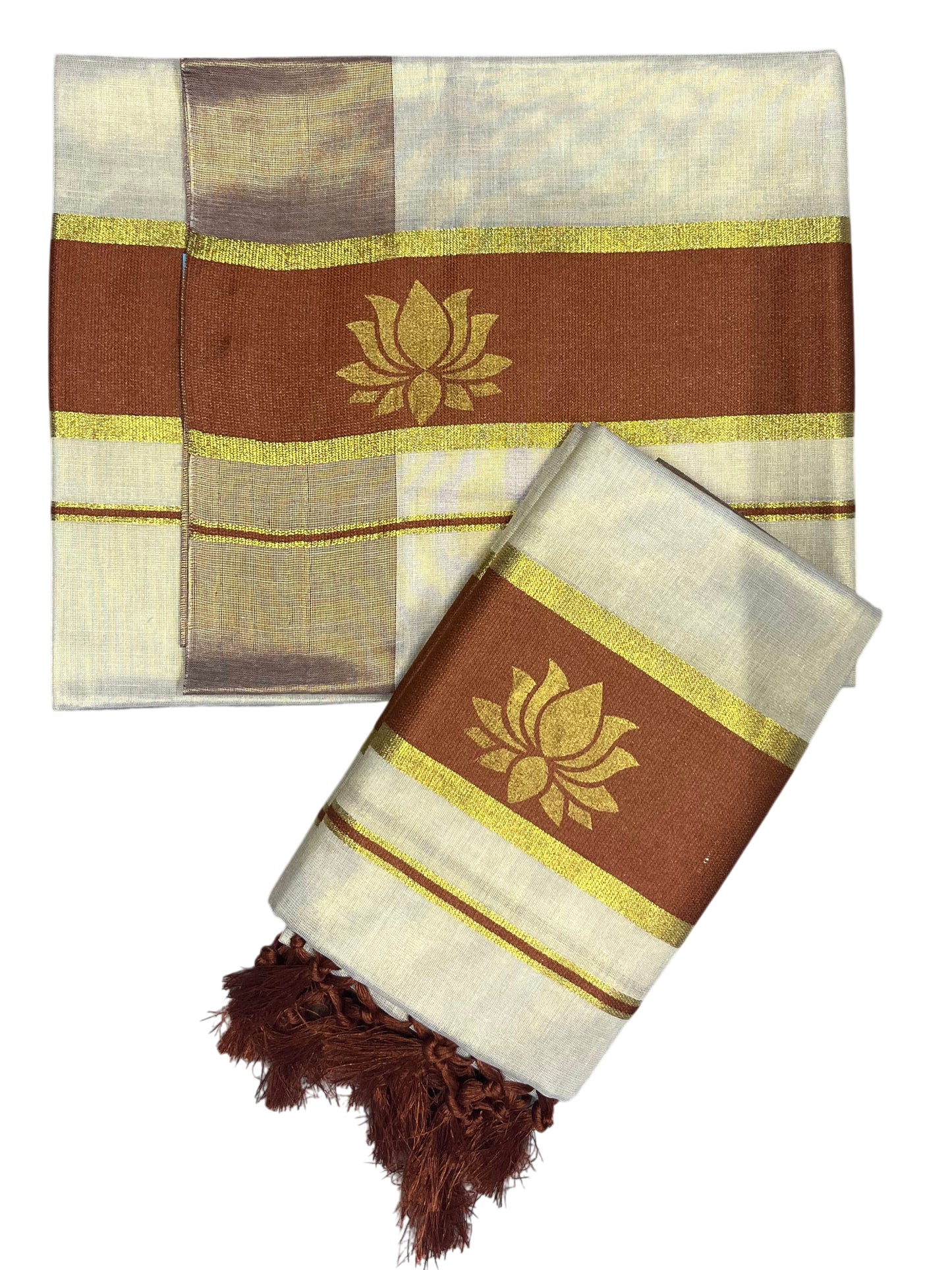 Southloom Kerala Cotton Kasavu Single Set Mundu (Mundum Neriyathum) with Lotus Design in Brown