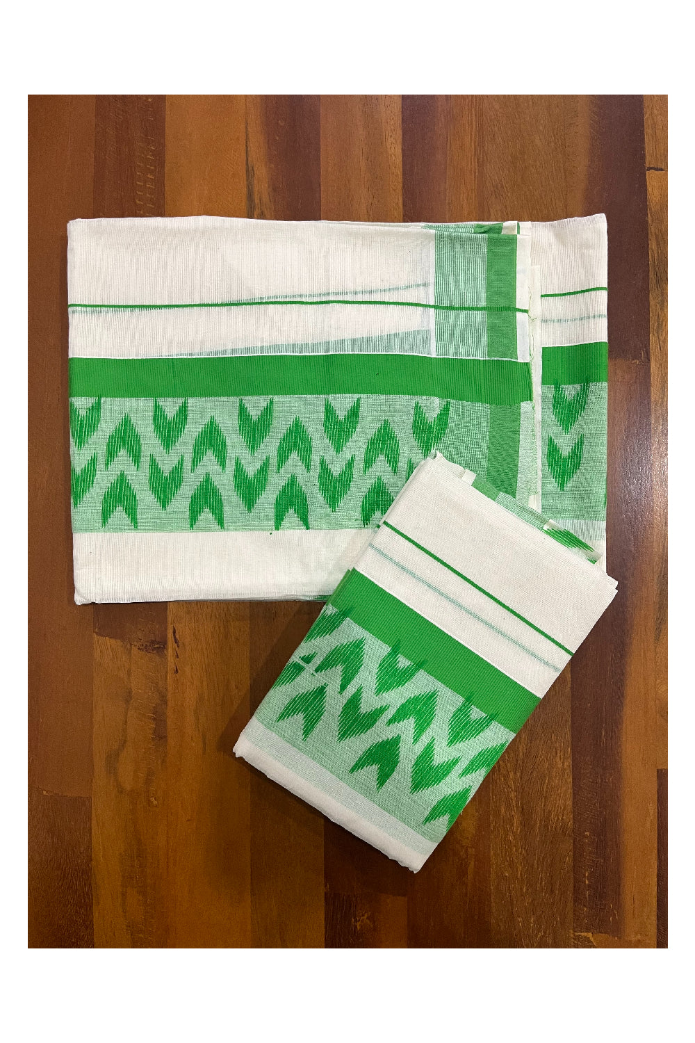 Cotton Kerala Single Set Mundu with Light Green Block Printed Border