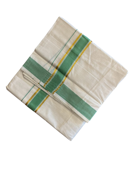 Southloom Pure Cotton Mundu with Gold Kasavu and Green Colour Border (South Indian Kerala Dhoti)