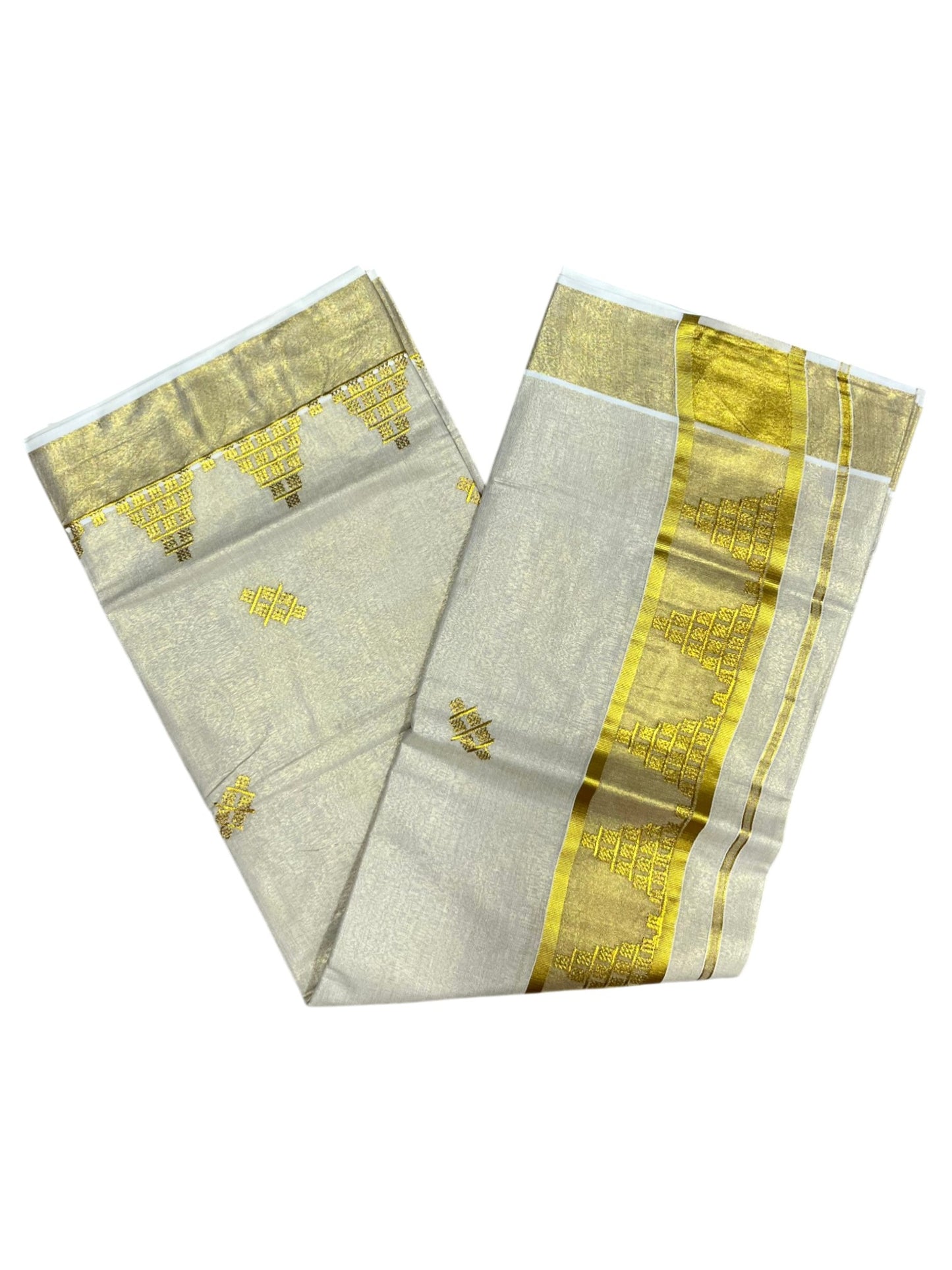 Southloom Tissue Kerala Kasavu Saree with Temple Embroidery Work on Body and Borders