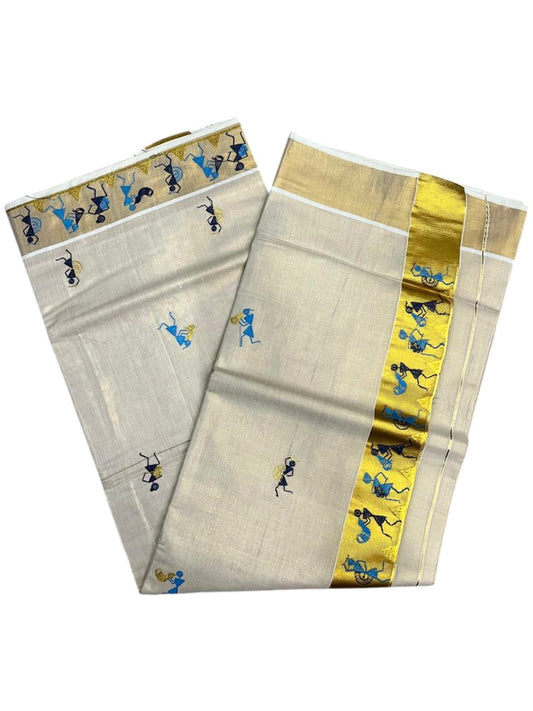 Southloom Kerala Tissue Kasavu Saree with Tribal Folk Art Embroidery Work on Body