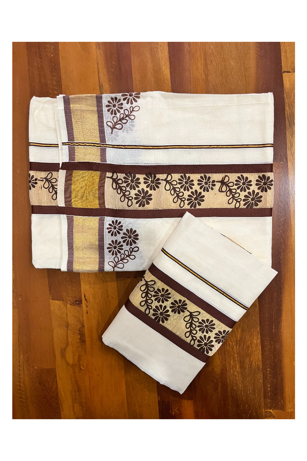 Kerala Pure Cotton Set Mundu Single (Mundum Neriyathum) with Brown Floral Block Prints on Border