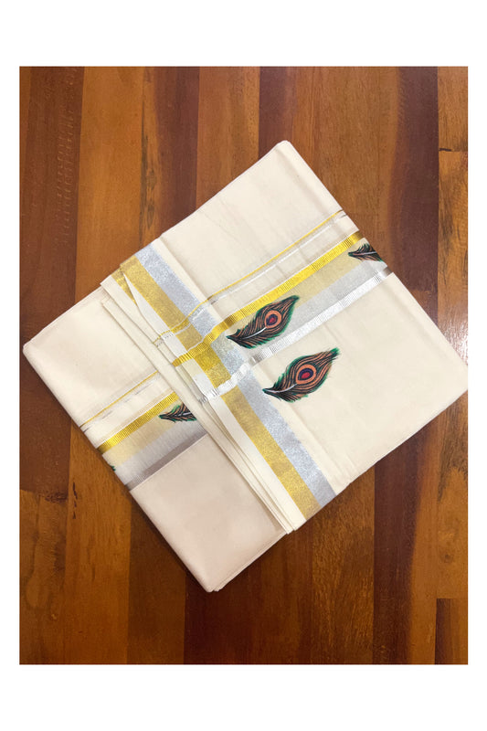 Pure Cotton Golden and Silver Kasavu Mundu with Feather Mural Painted Design (Onam Mundu 2023)