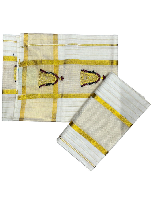 Southloom Pure Cotton Kerala Kasavu Single Set Mundu (Mundum Neriyathum) with Nettipattam Embroidery in Blue and Maroon