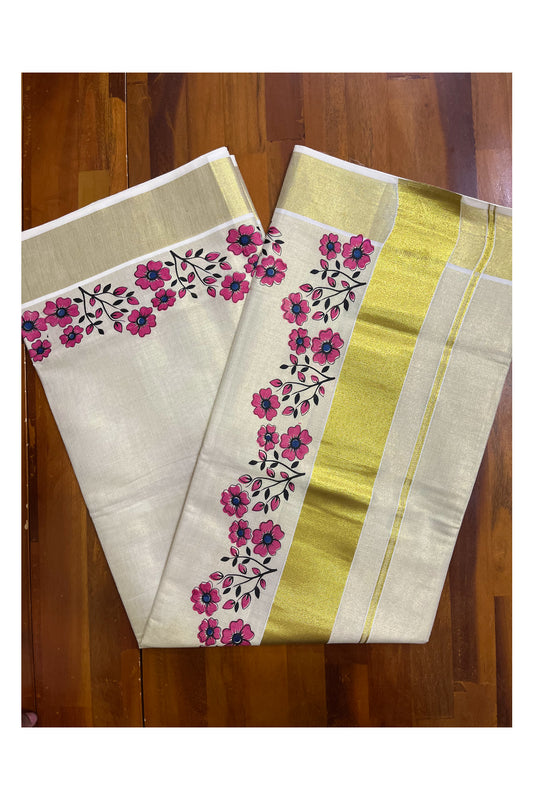 Kerala Tissue Kasavu Saree with Pink Floral Block Printed Designs