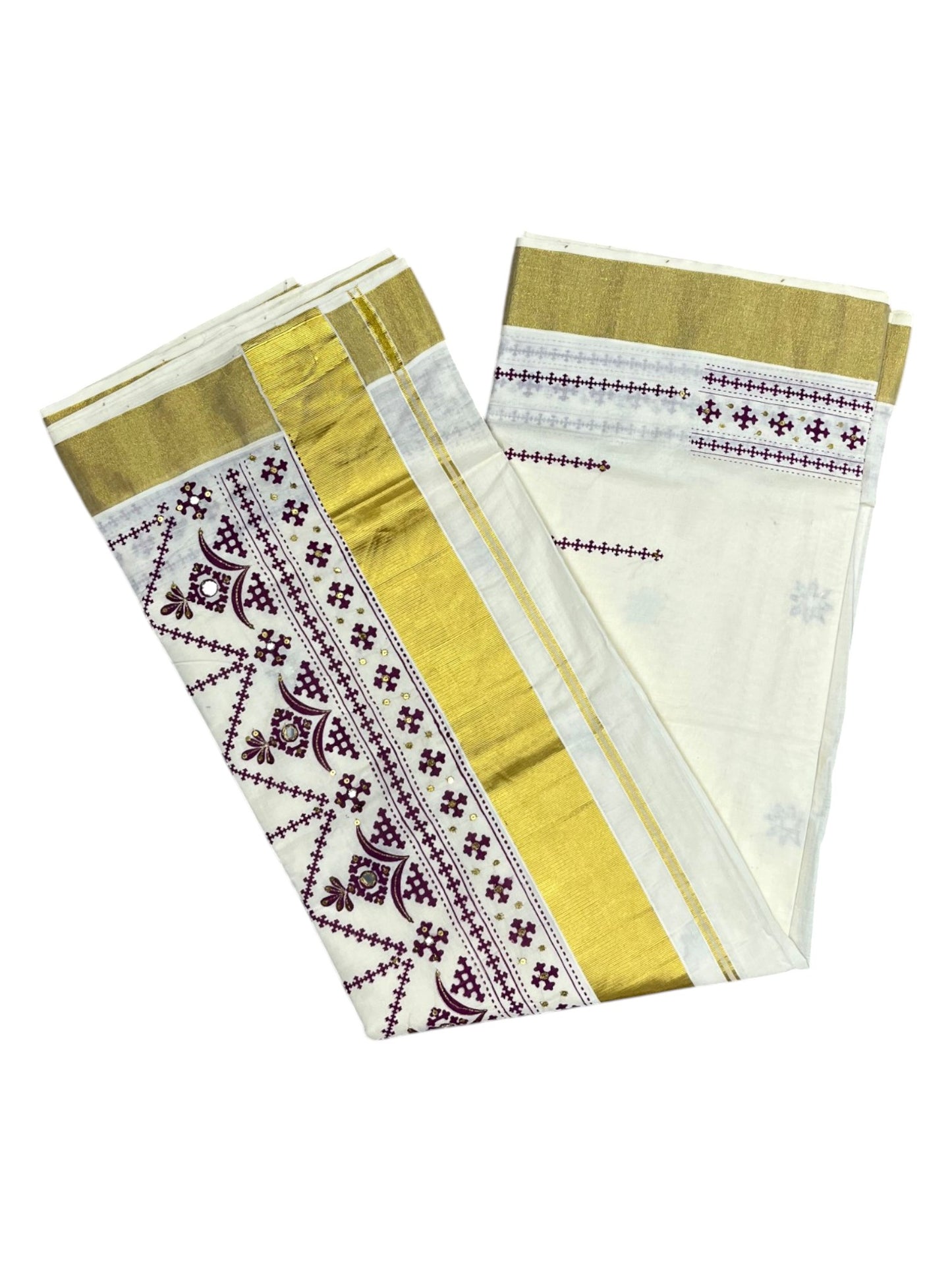 Southloom Pure Cotton Kerala Kasavu Saree with Maroon Embroidery Designs