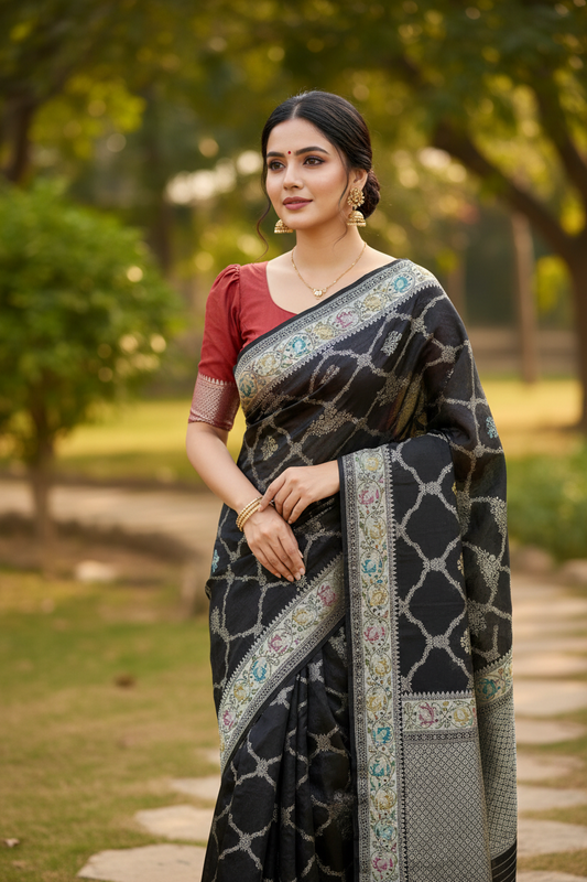 Southloom Banarasi Silk Saree with Woven Work on Body and Borders (Black & Brick Red)