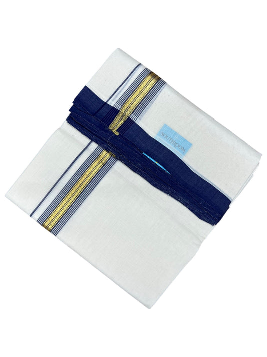 Southloom Balaramapuram Premium Handloom Cotton Double Mundu with Gold Kasavu and Blue Border