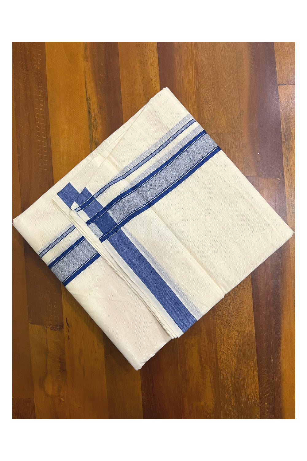 Kerala Pure Cotton Double Mundu with Blue and Silver Kasavu Line Border (South Indian Kerala Dhoti)