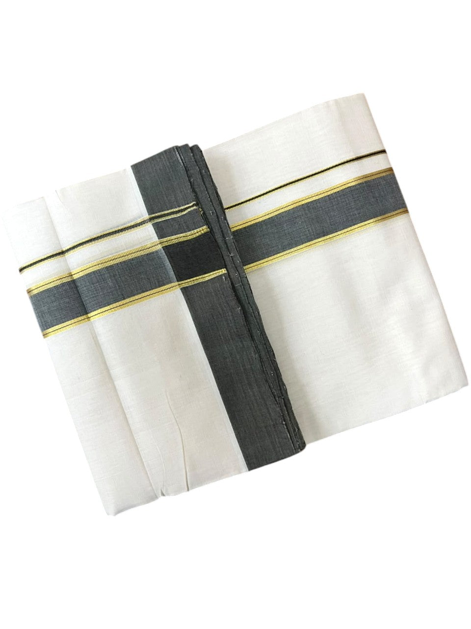 Southloom Balaramapuram Unakkupaavu Premium Handloom Cotton Double Mundu with Gold Kasavu and Gray Border