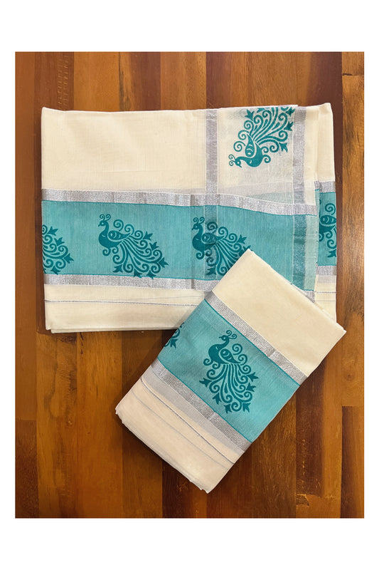 Kerala Cotton Set Mundu Single (Mundum Neriyathum) with Peacock Block Prints on Silver Kasavu and Turquoise Border