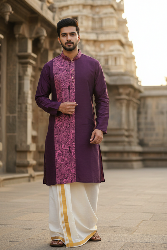 Southloom Semi Silk Short Kurta for Men in Purple Colour
