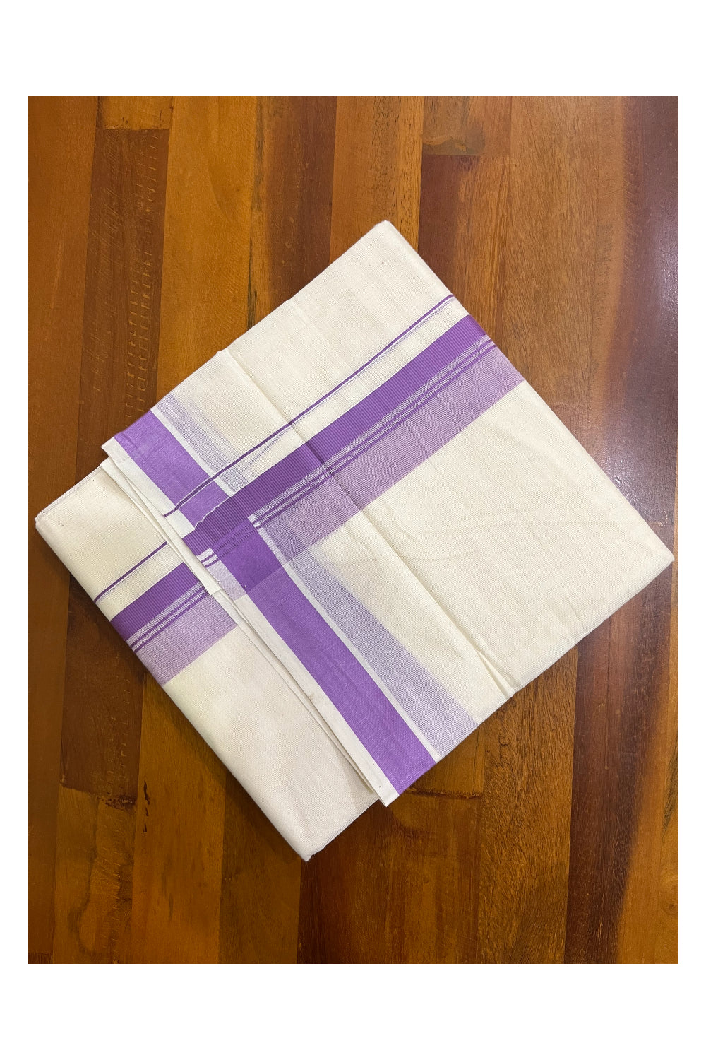 Off White Pure Cotton Kerala Mundu with Violet Kara (South Indian Kerala Dhoti)