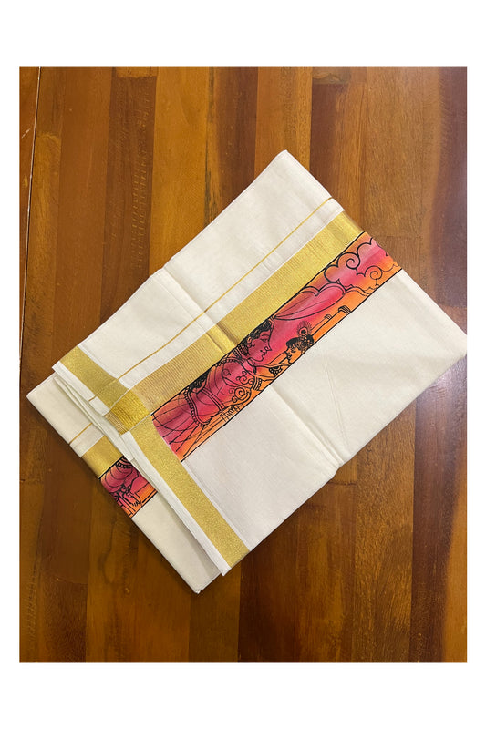 Kerala Pure Cotton Double Mundu with Mural Hand Painted Design on Kasavu Border (South Indian Kerala Dhoti)