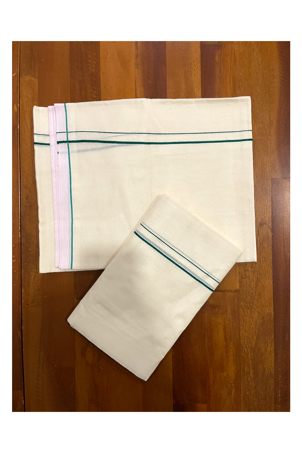 Kerala Cotton Mundum Neriyathum Single (Set Mundu) with Green Eerkkil Kara (Onam Set Mundu 2023)