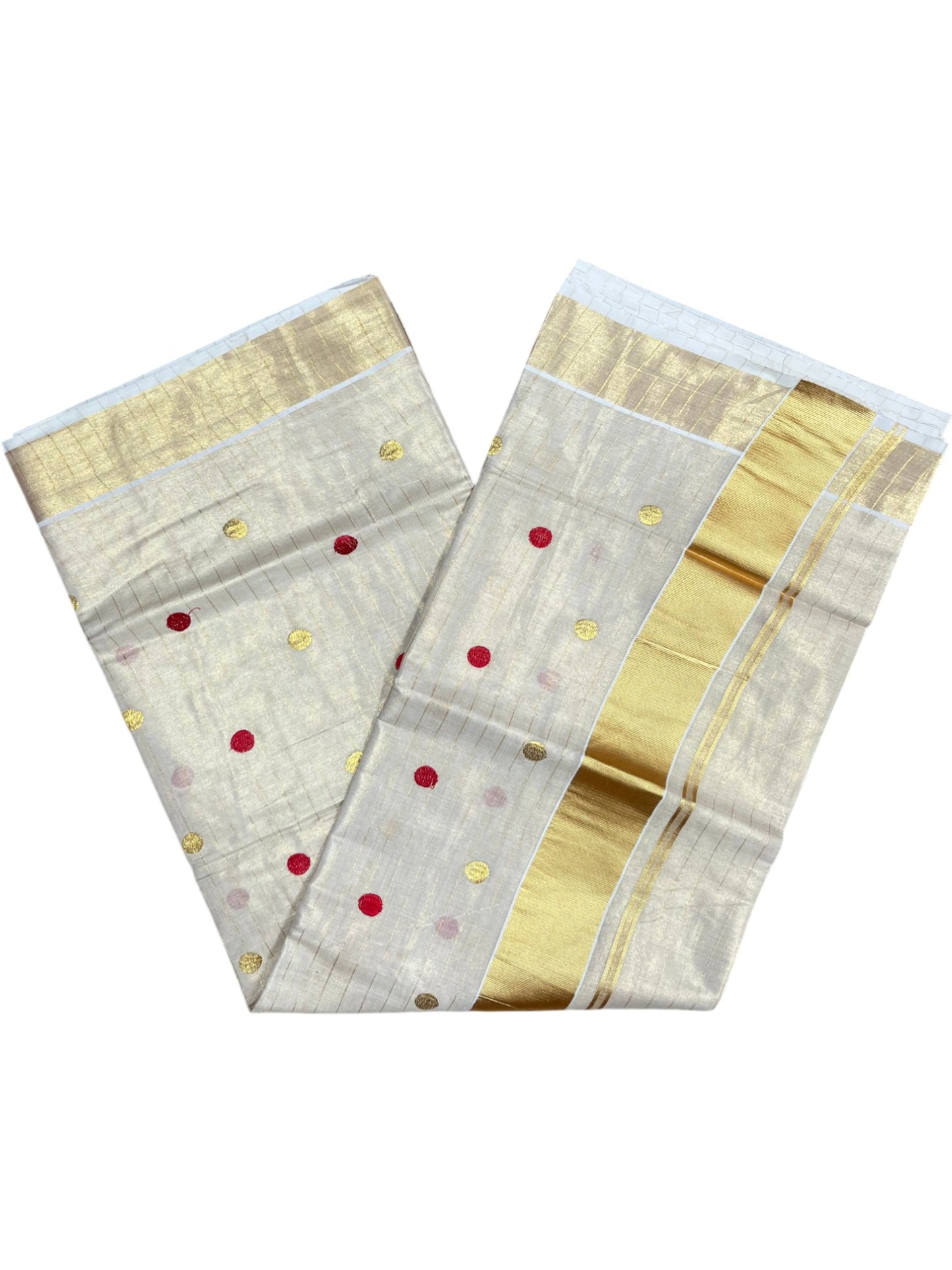 Southloom Kerala Tissue Kasavu Saree with Gold & Red Polka Embroidery Works on Body SL281