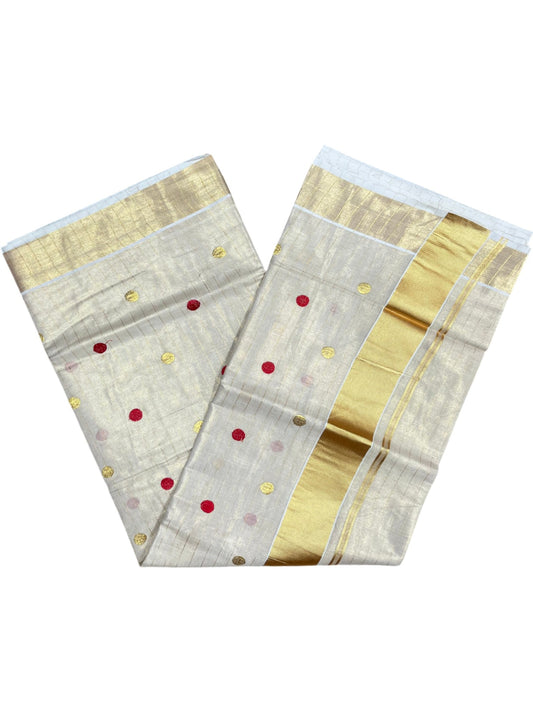 Southloom Kerala Tissue Kasavu Saree with Gold & Red Polka Embroidery Works on Body SL281
