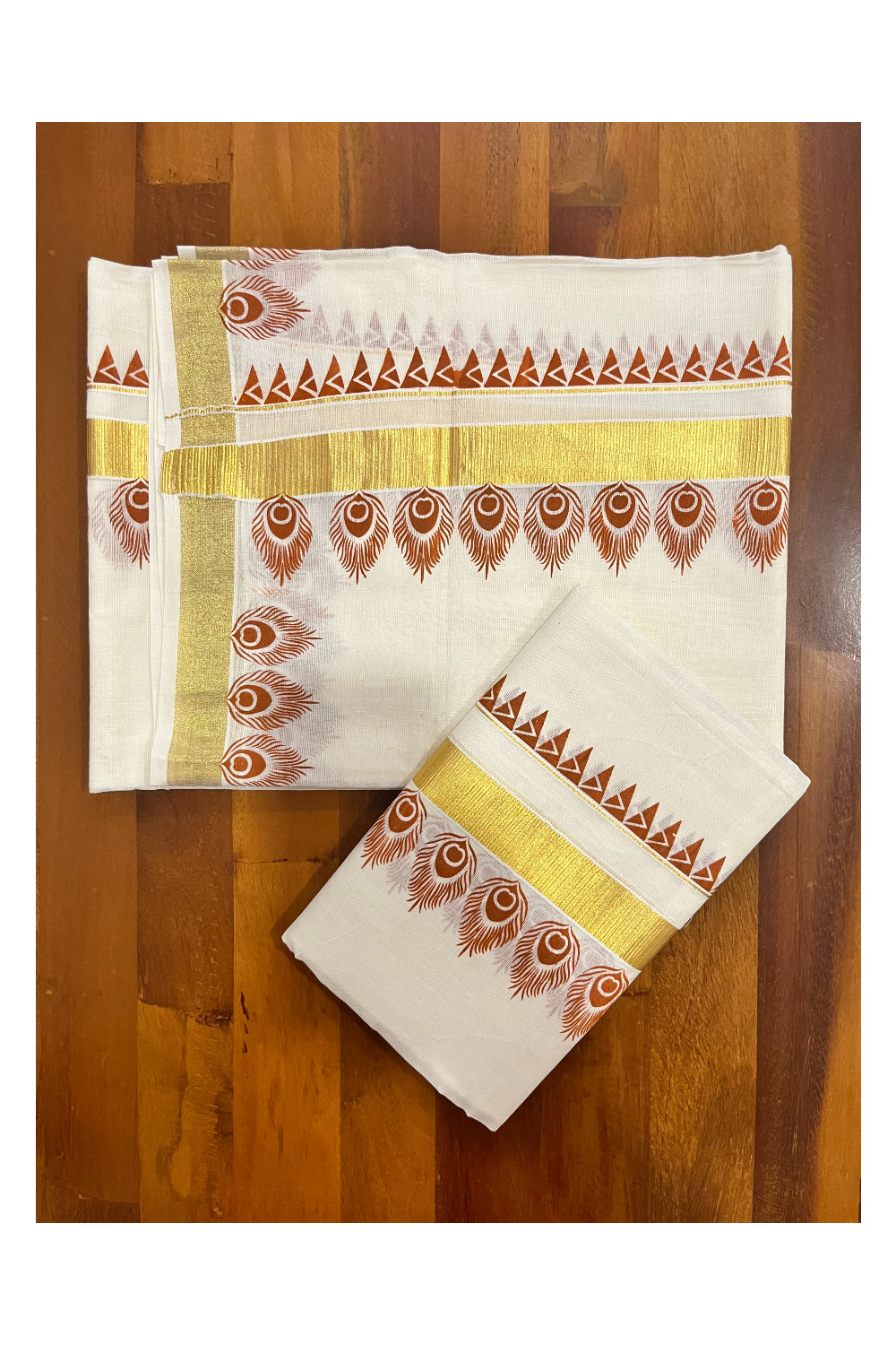 Kerala Pure Cotton Kasavu Set Mundu Single (Mundum Neriyathum) with Brown Block Prints and Temple Border 2.80 Mtrs