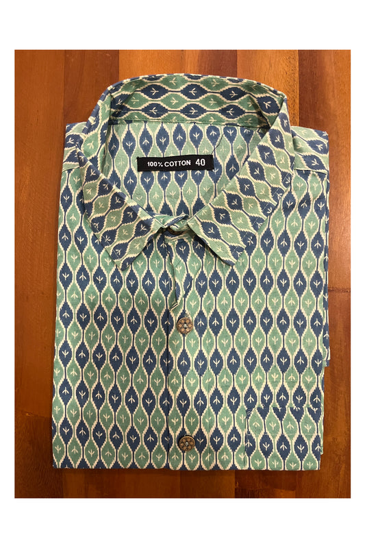 Southloom Jaipur Cotton Green Blue Green Hand Block Printed Shirt (Half Sleeves)